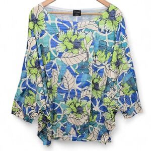 Inoah Top Womens Plus 1X Blue Floral Print Dolman Sleeve Boat Neck Blouse Casual